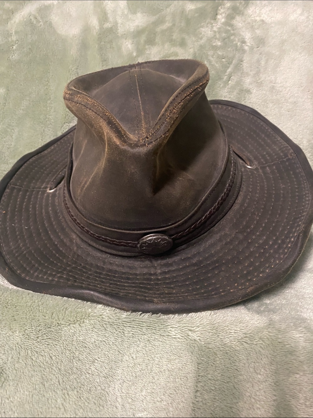 Men's Dark Brown Leather look Outback Hat with Braided Band